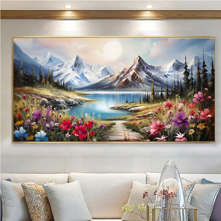 Diamond Embroidery Mountain Range Lake Flower Landscape Full Diamond Mosaic Rhinestones Art Painting Cross Stitch Wall Decor