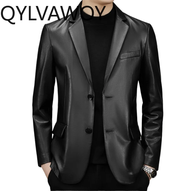 QYLVAWOY Genuine Cow Leather Jacket for Men Tailored Collar Man Clothes Luxury Business Casual Jackets Autumn New Куртка Осенняя