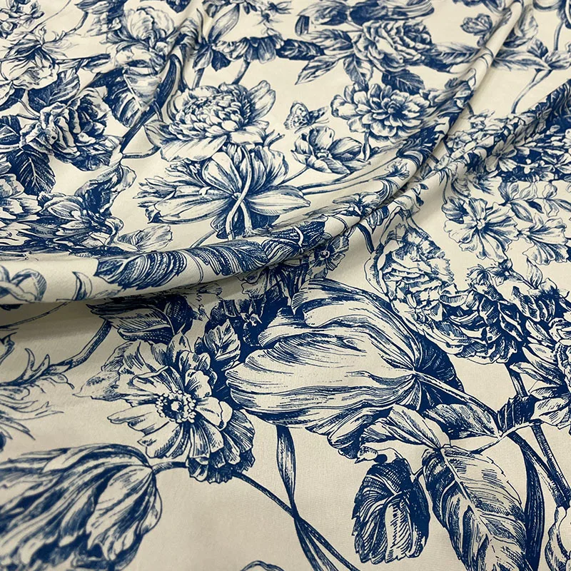 Brand Fashion Design Fabric Blue and White Porcelain Printed Drape Dress Wide Leg Pants Shirt Polyester Satin Fabrics Cloth