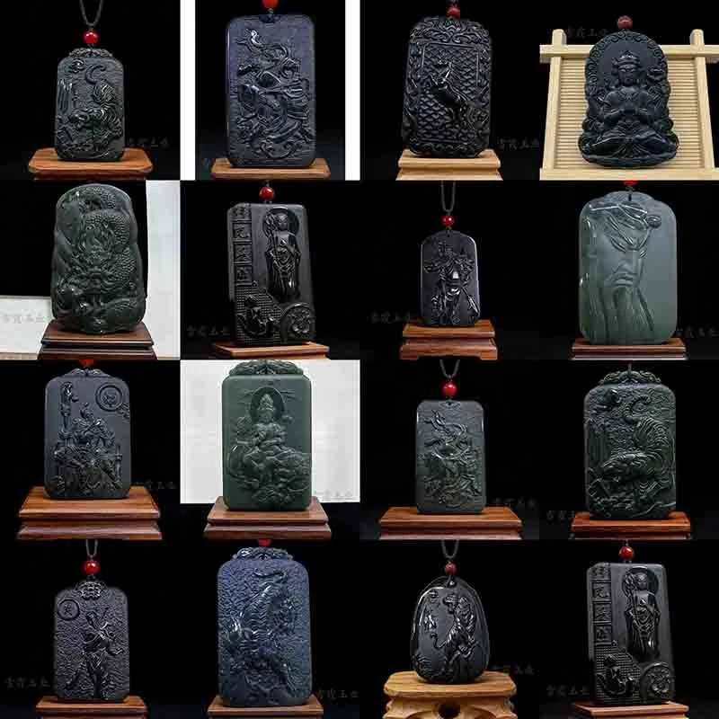 Hetian green jade pendant with double-sided relief of zodiac guardian god, style