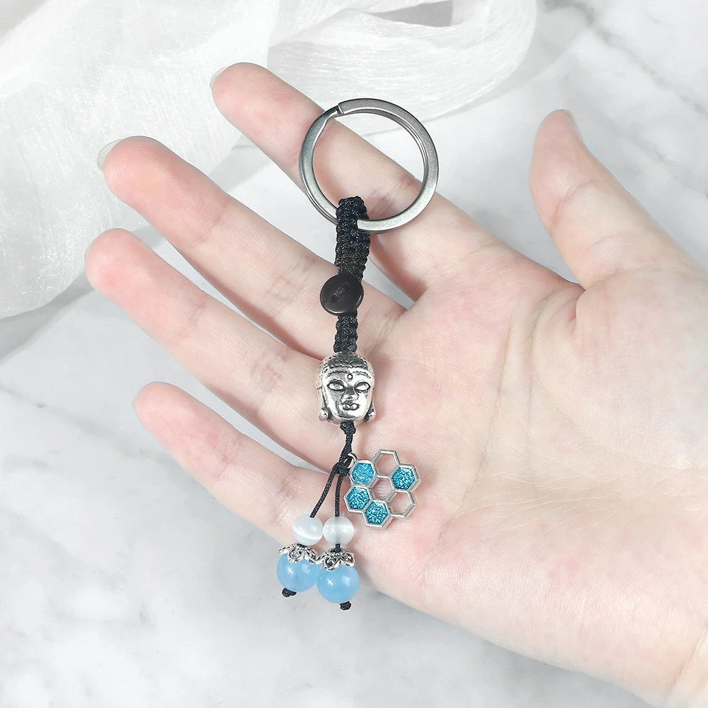 Vintage Handmade Braided Keychain Buddha Head Natural Stone Beads Pendant Car Key Chain Backpack  Jewelry Amulet for Men Women