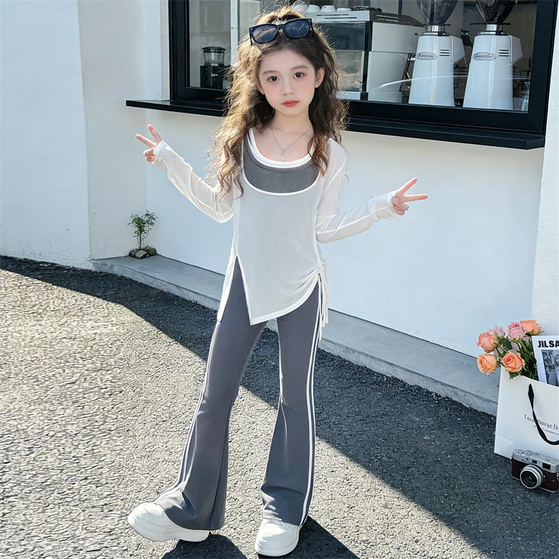 Teenage Girls Casual Sport Clothing Sets Summer Smock Fake Two Pieces Vest+Flare Pants 2PCS Children's New Fashion Outfits 5-14Y