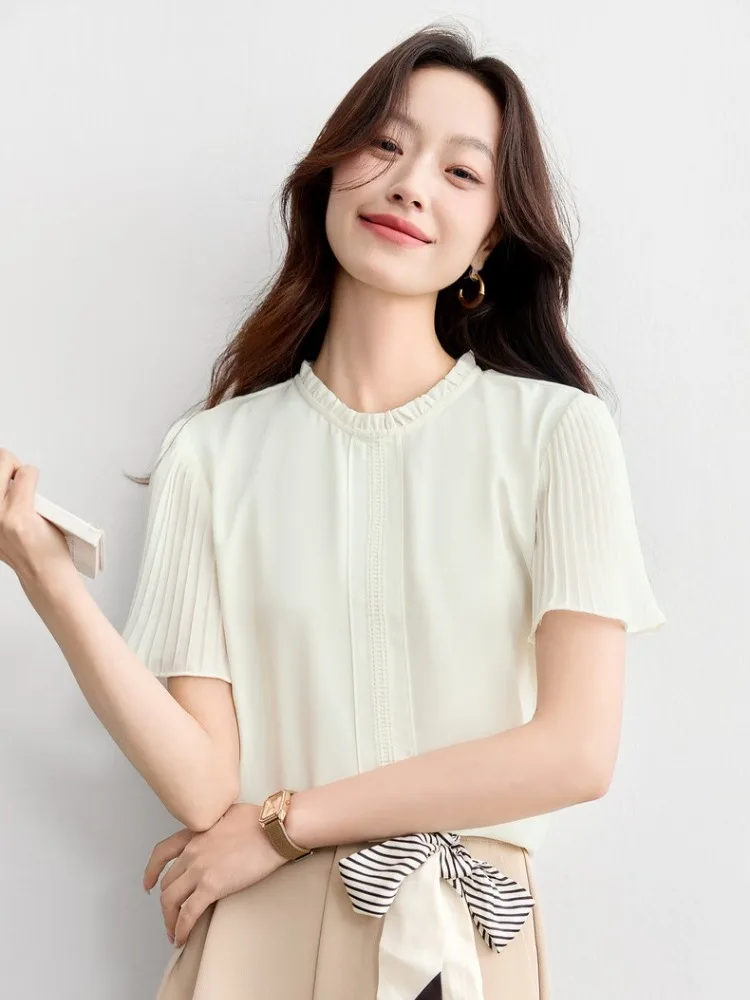 

SENTUBILA Woman Short Sleeved Chiffon Blouse 2025 Autumn Elegant Commuter Apricot Flare Sleeve Round Neck Splicing Tops152VA1981