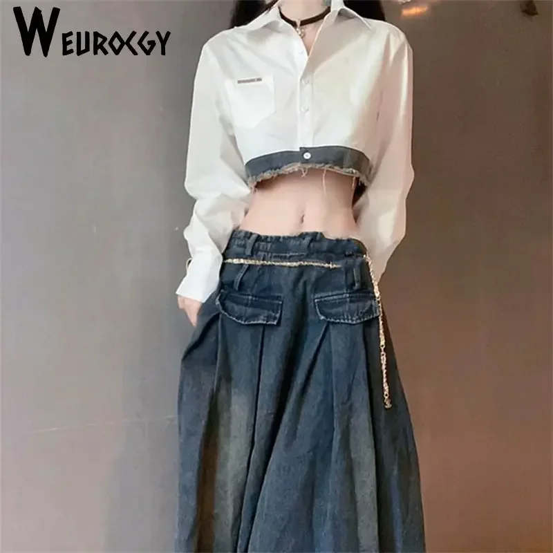 2023 Summer Korean Edition New Style Vintage Denim Woman Skirt Sexy High Waist Fashion Casual Loose A-line Half Skirt Set Trend