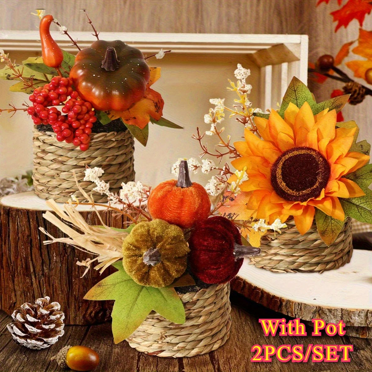 XIYA FLOWER 2 Stück künstliche Sonnenblume Ahornblatt Halloween Kürbis Topfpflanzen Blumen gefälschte Tannenzapfen Weizen Ohr Kürbis Home Decor