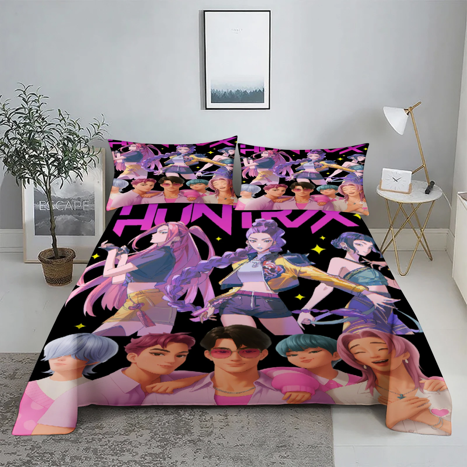 Huntrix، Rumi، Mira D-Demon Hunters K-pop طقم ملاءات سرير مطبوعة ثلاثية الأبعاد ملاءة مسطحة مع كيس وسادة أغطية سرير مقاس كينج كوين