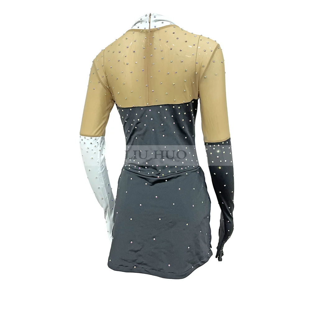 LIUHUO Women Aldult Teens Customize Black Costume Performance Competition Leotard Ice Figure Skating Dress Dance Glove Sleeve