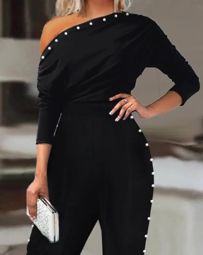 Jumpsuit Women 2024 Spring Fashion Beaded Decor Ruched Cold Shoulder Casual Long Sleeve Plain Daily Long Jumpsuit