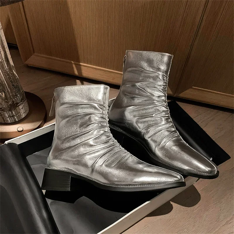 Ankle Boots Fashion Pleated Women Shoes Zipper Style Leisure Booties Chunky Heels Slip On Cozy Botas Mujer Spring Autumn New