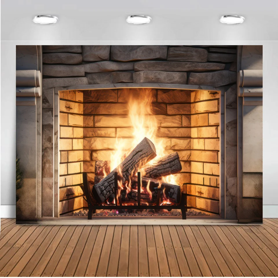 Fireplace Photo Backdrop Burning Fire Gray White Brick Wall Poster Christmas Party Home Decor Photography Background Photophone