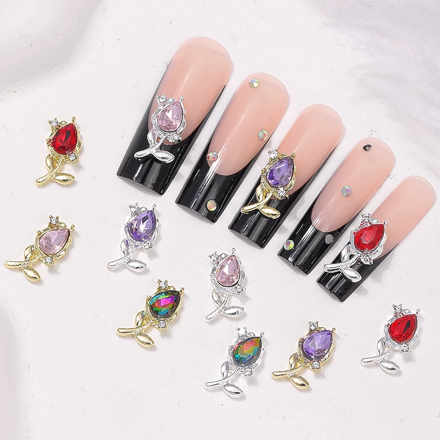 

10PCS 3D Luxury Alloy Tulip Nail Art Charms Rhinestone Flower Bud Accessories For Nails Decoration Manicure Design Supplies Tool