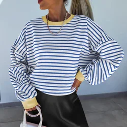 Striped Casual Sweatshirt Spring Autumn Top Round Neck Women Pullover Fashion Loose Vintage Women 's Clothing Top