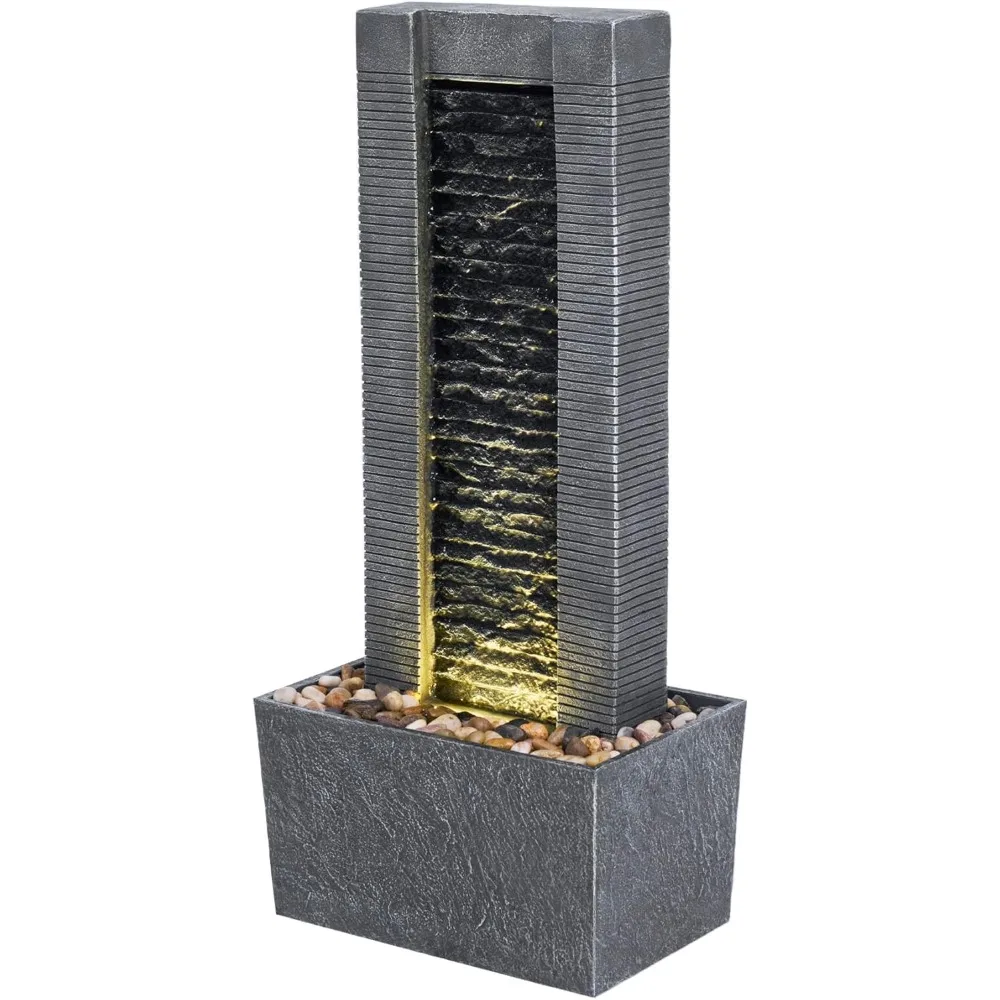 Waterfall Water Fountain with LED Lights and Pebble Stones for Patio Garden Backyard Decking Décor, 29.25 inch Tall, Gray