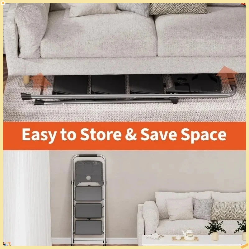 Escalera de 3 escalones, taburete plegable con plataforma de herramientas, pedal antideslizante ancho y pies antideslizantes, construcción de acero más robusta, gris