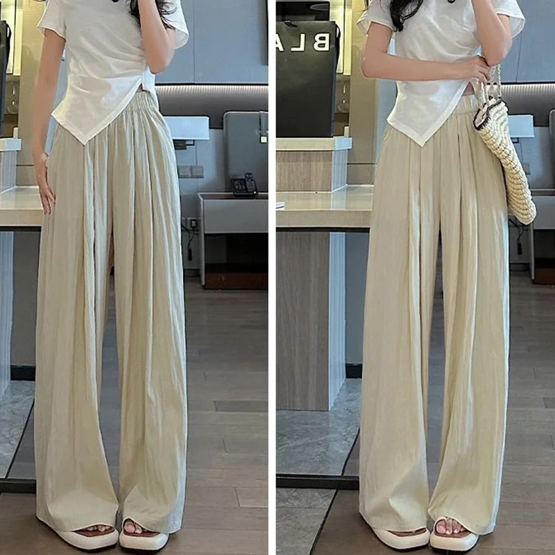 2024 Summer Women Leisure Colorful Pants Lady Baggy Wide Leg Ice Silk Trousers Female Fashion High Waisted Straight Leg Slacks