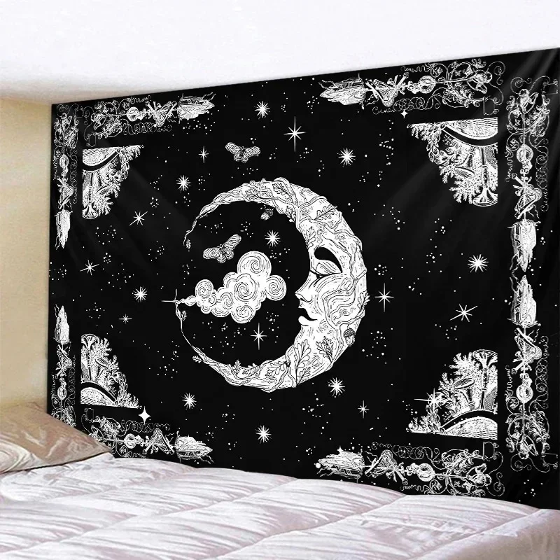 VIKAMA Mystic Moon Face Wall Tapestry, Retro Starry Botanical Frame Print Wall Hanging, Gothic Dorm Background Cloth