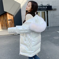 Winter Warm Glossy Hooded Parka Jacket Korean Pink ParcaCasual Faux Rabbit Fur Collar Thick Snow Wear