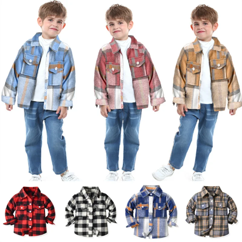 Spring Teenage Boys Girls Flannel Plaid Shirts Children Clothes Lapel Long Sleeve Tops Baby Boys Quality Cotton Blouses Cardigan