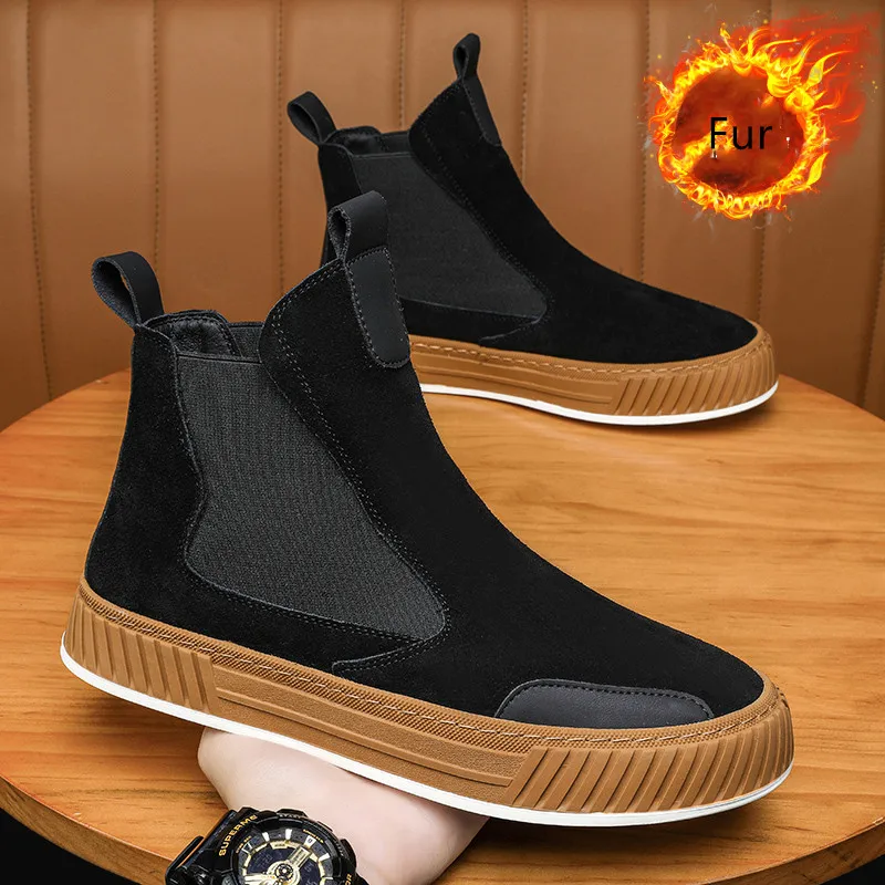 Autumn Winter Warm Plush Casual High top Men Shoes Designer Chelsea Suede Shoes Men Fashion Punk Style Platform Male Boots Snow