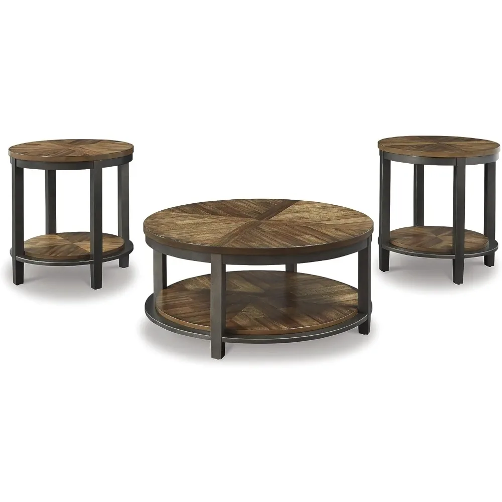 Rustic Round 3-Piece Table Set, Includes 1 Coffee Table and 2 End Tables with Fixed Shelf, Light Brown