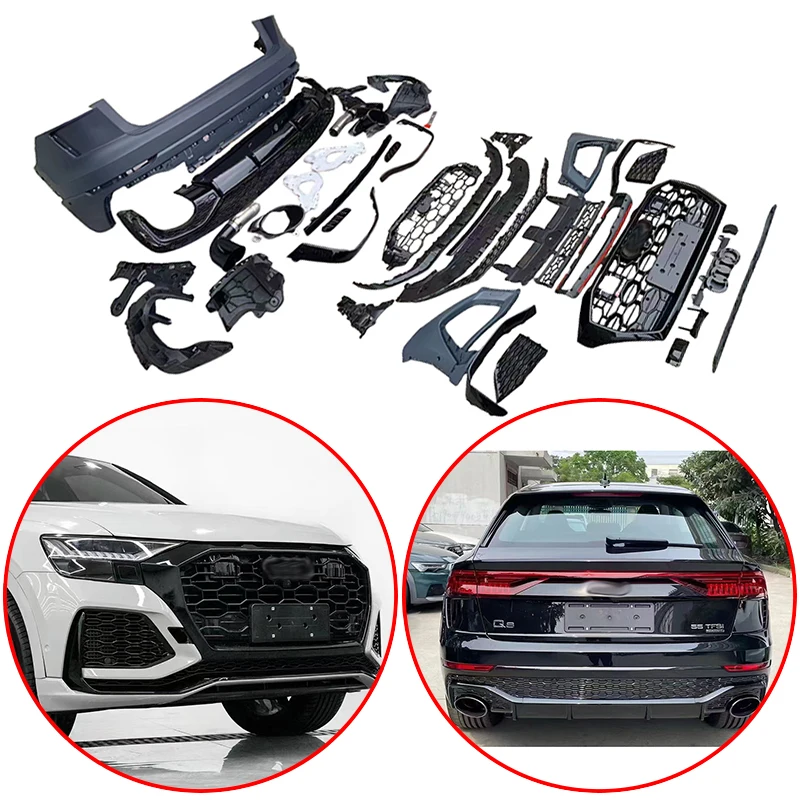 Für Audi Q8 2019 bis 2024 Hochwertiges RS-Style Bodykit inklusive Frontspoilerlippe, Heckstoßstange, Renngrills, glänzend schwarz
