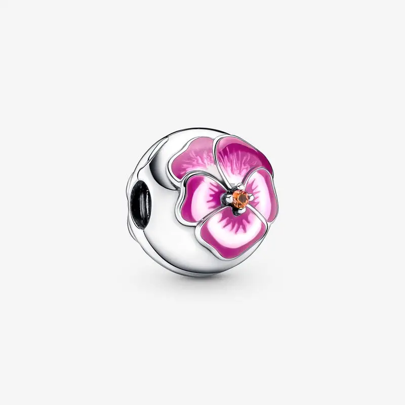 

925 Sterling Silver Pink Pansy Flower Clip Charm Beads Fits Original Pandora Bracelets Necklace Bangle 2022 New Spring