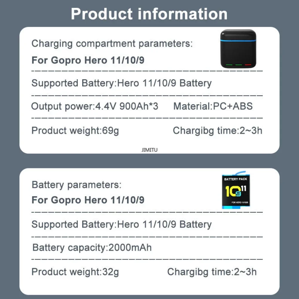 Chargeur de batterie 2000mAh pour GoPro 11, chargeur de charge rapide avec stockage, accessoires de caméra d'action