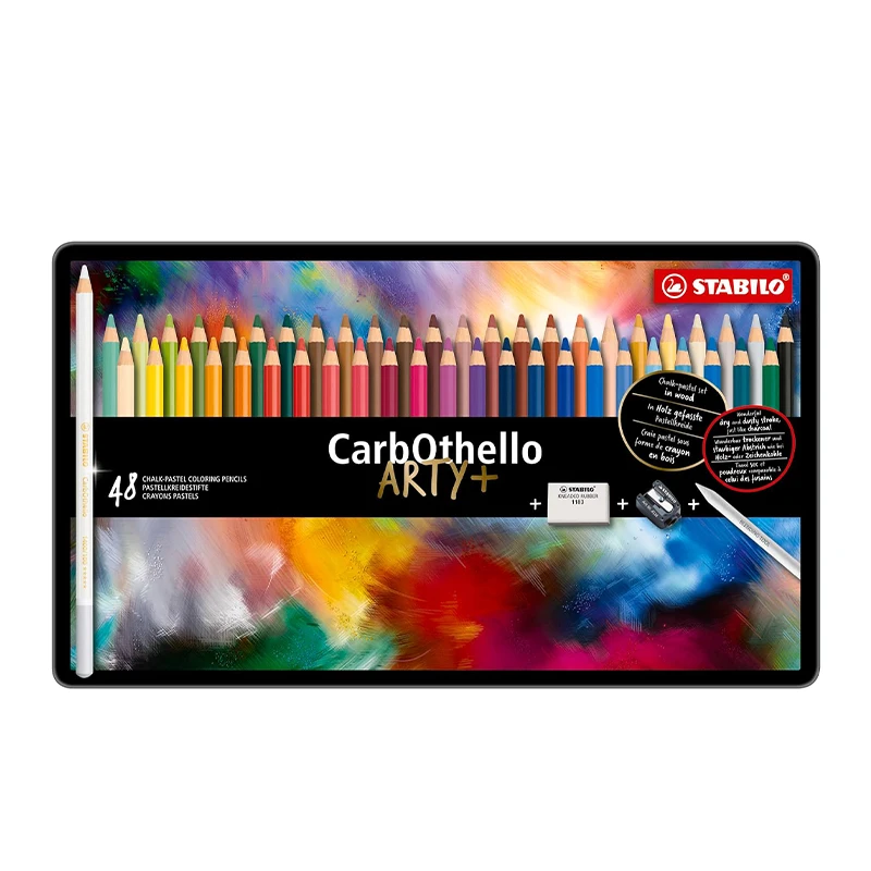 Chalk-Pastel Pencil - STABILO CarbOthello - Tin of 48 - Assorted Colors with Sharpener and Eraser, Multicolor, 48 Count (Pack of