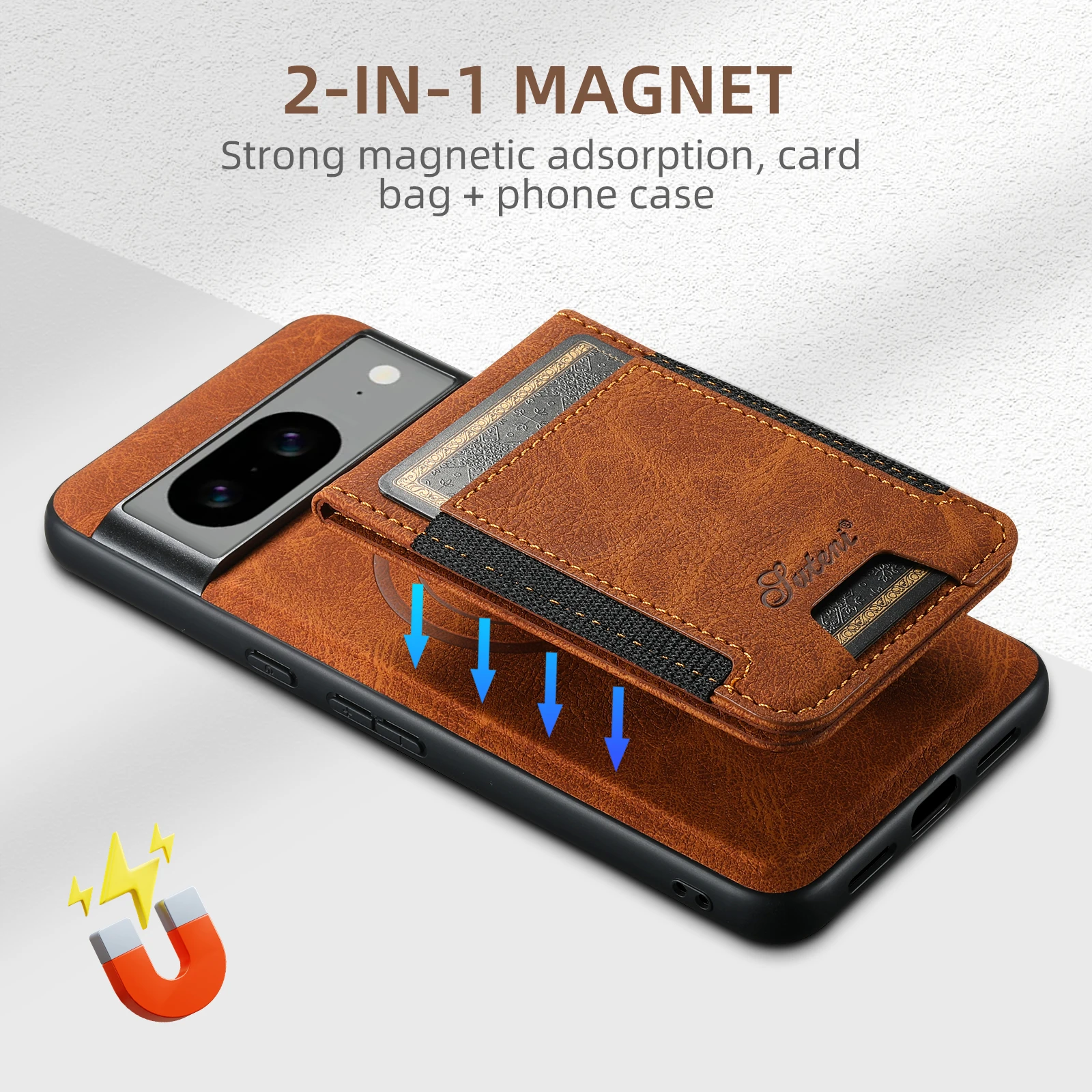 Suteni 2-in-1 Magnetic MagSafe Wireless Charging Case Luxury PU Leather Case for GOOGLE Pixel  6 7 8 9 Pro XL/Pixel 6A 7A 8A