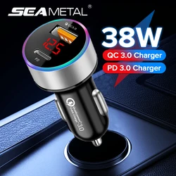 SEAMETAL Car Charger PD+USB QC3.0 38W Quick Charging Phone Charger 12-24V Cigarette Lighter Adapter with Led Voltmeter Display
