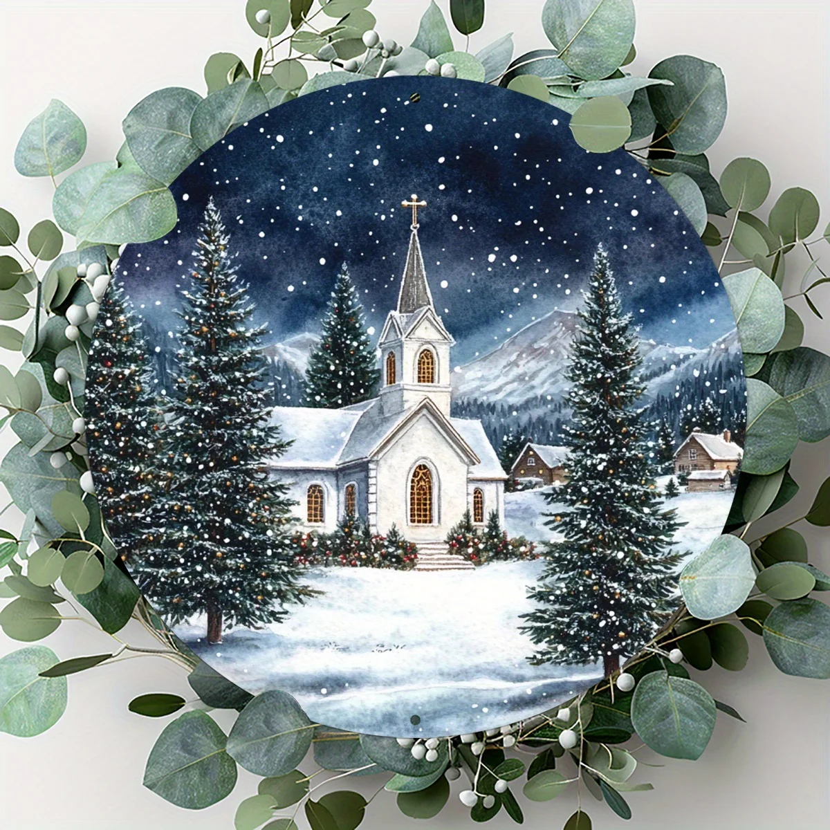 2D Flat - Enable 2D Flat 1pc 8*8In Sign 1pc Winter Church Snow Scene Round Metal Wall Decor - 8 Inches (7.87X7.87 Inches) Round