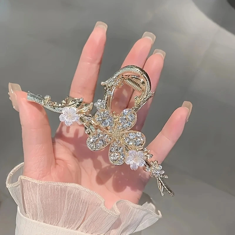 1PC zinc alloy rhinestone branch flower grab clip, high-end and versatile headwear, elegant light luxury hair accessories, suita