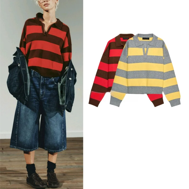 

Осень-зима, новый женский вязаный свитер в полоску Ne Long Sve, свободный крой, повседневный, из полиэстера, 553628 553662