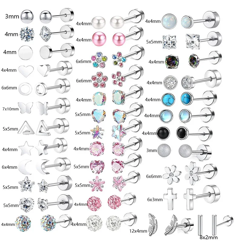 Stainless Steel Hypoallergenic Heart Moon Earbone Stud Screw Ball Stud Earrings for Women Fashion Ear Cartilage Body Piercing