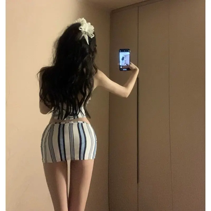 American style spicy girl V-neck retro striped bikini three piece set sexy and trendy women's hot spring vacation swimsuit