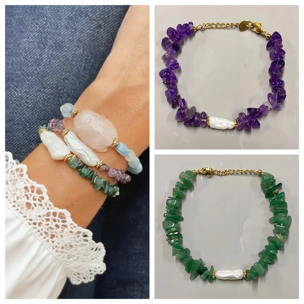 

Irregular Natural Amethyst Aquamarine Crystal Stone Freshwater Pearl Beaded Strand Bracelet Baroque Stick Titanium Steel Chain
