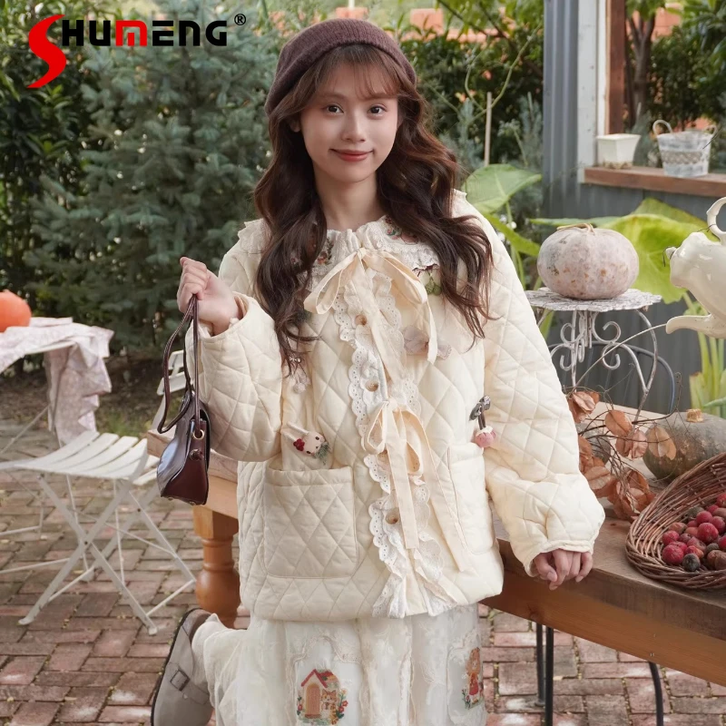 

Mori Girls Sweet Lolita Short Down Parka Autumn Winter New Women's Sweet Lace Edge Embroidered Parka Soft Girls Y2k Jackets