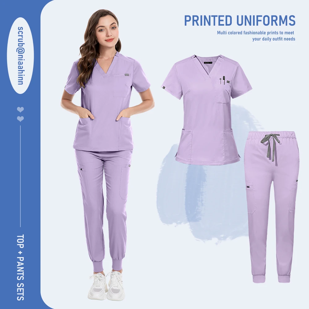 Niaahinn Uniform Schönheitssalon Haustier Krankenhaus Medizinisches Peeling Krankenpflege Krankenschwester Peeling V-Ausschnitt Tops Scrub Jogger Sets Hochwertige Uniformen – Detail 6