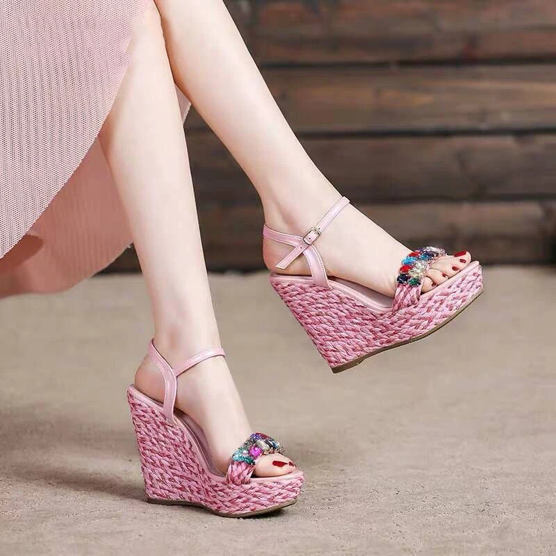 Retro straw wedges sandals waterproof platform thick bottom rhinestone high heels fashion elegant Bohemian womens shoes 31,32,33