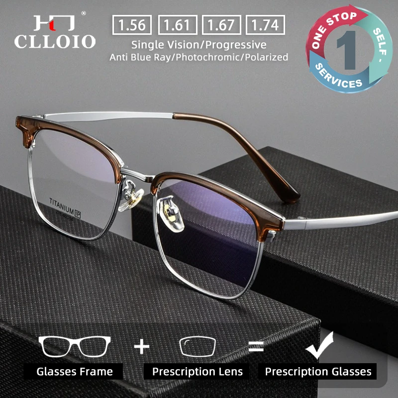 

CLLOIO Retro Ultralight Titanium Prescription Glasses Anti Blue Light Eyebrow Frame Myopia Glasses Progressive Reading Eyewear