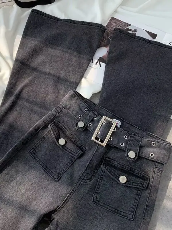 Sweet Cool Retro High Waist Bell Bottom Jeans Women's Elastic Slimming Small Size Denim Pants Casual Four Seasons Universal