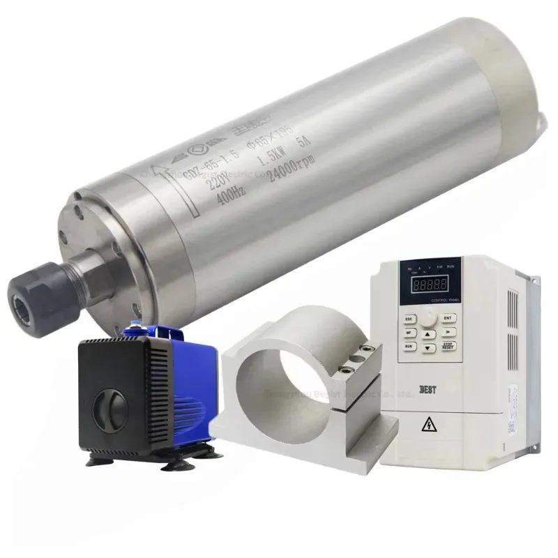 CNC Spindle Motor 1.5KW Water Cooled Spindle Kit 65MM Clamp 220V VFD Inverter 80W Water Pump 9pcs ER11 Collet Chuck