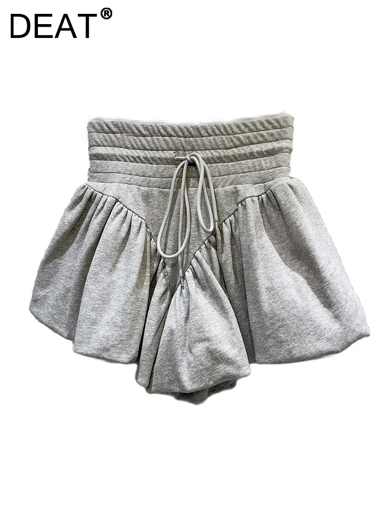 

DEAT Women's Short Pants Grey Elastic High Waist Drawstring Wide Leg Female Flower Shape Shorts 2024 Autumn New Fashion 29L8238