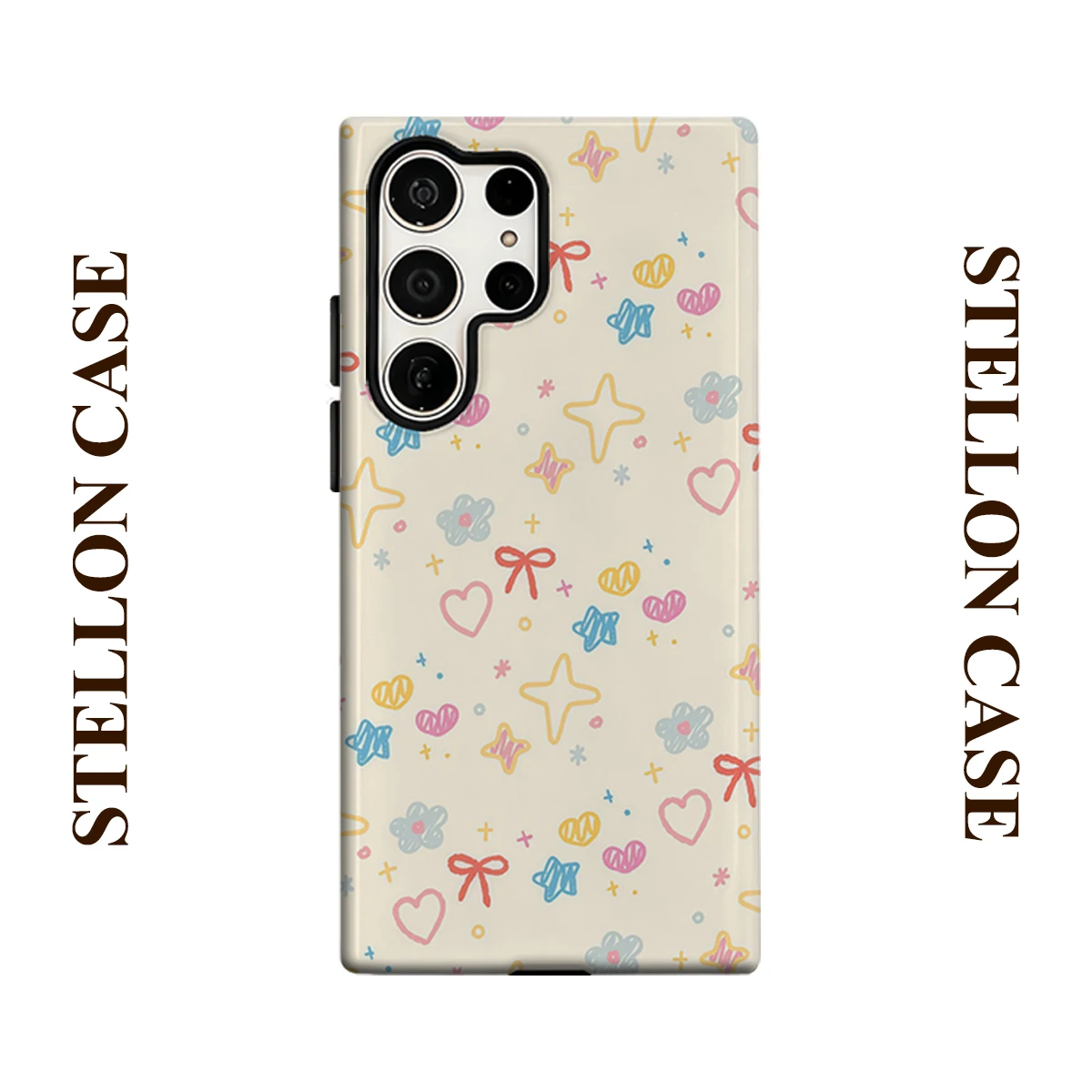 Doodle Bow Heart Star Phone Case for Samsung Galaxy S26 S25 Ultra S24 S23 Ultra Plus Glossy Double-layer Back Cover