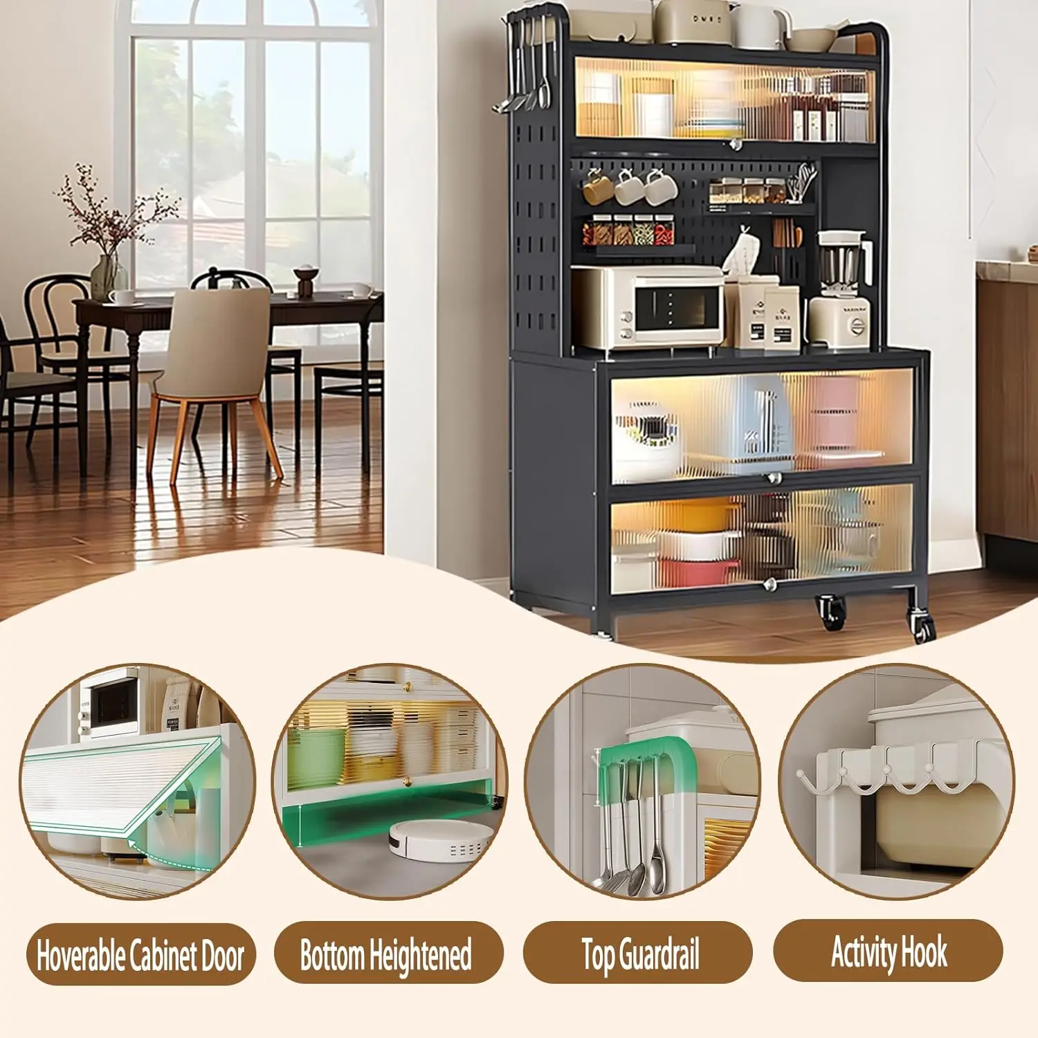 5 Tier Kitchen Bakers Rack with Flip Door Cabinet, Multifunctional Microwave Stand Buffet, Coffee Bar, Kitchen Pantry Storage Ca