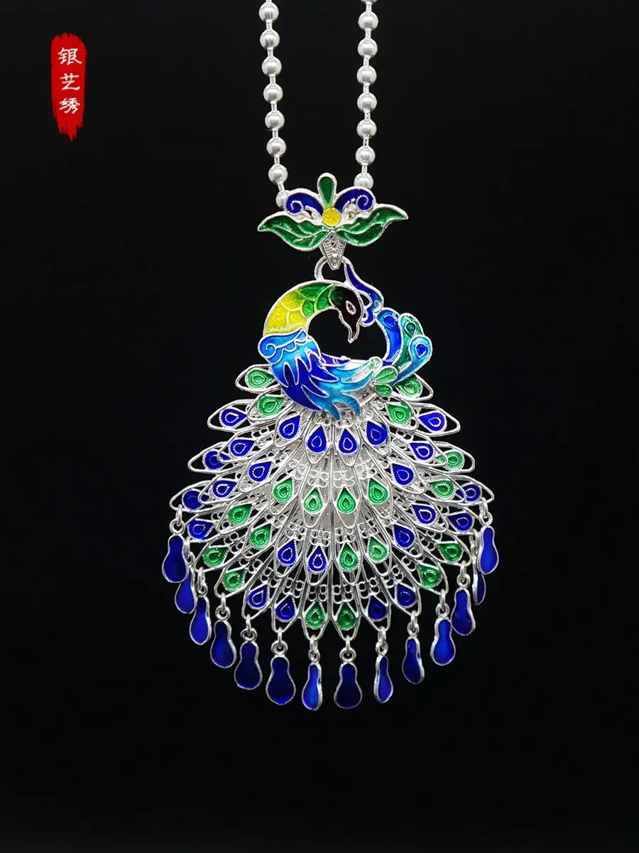 Cloisonne colored peacock phoenix pendant brushed necklace sweater chain for girlfriend and mother gift two-piece set