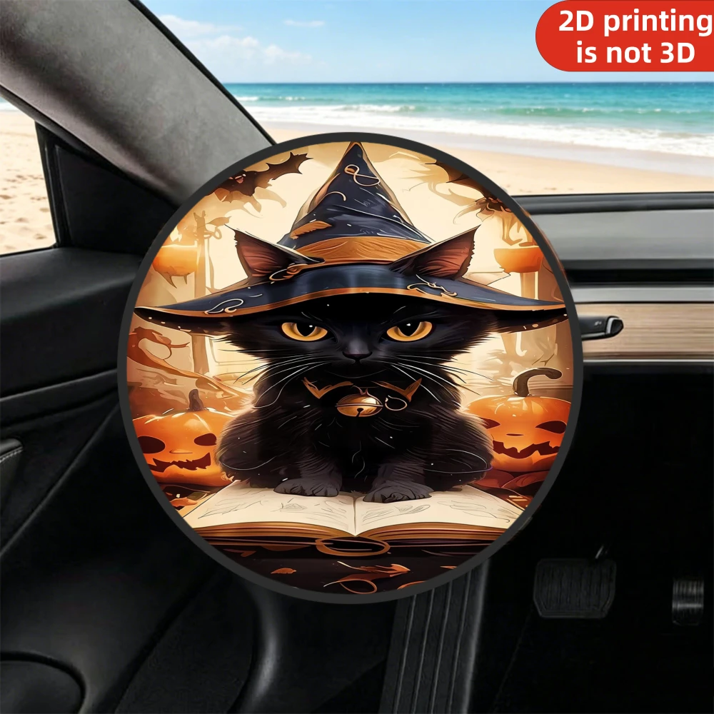 1pc Steering Wheel Sunshade Cover, 2D Flat Printing Black Cat Wearing Witch Hat With Pumpkins And Book, Summer Car Essential
