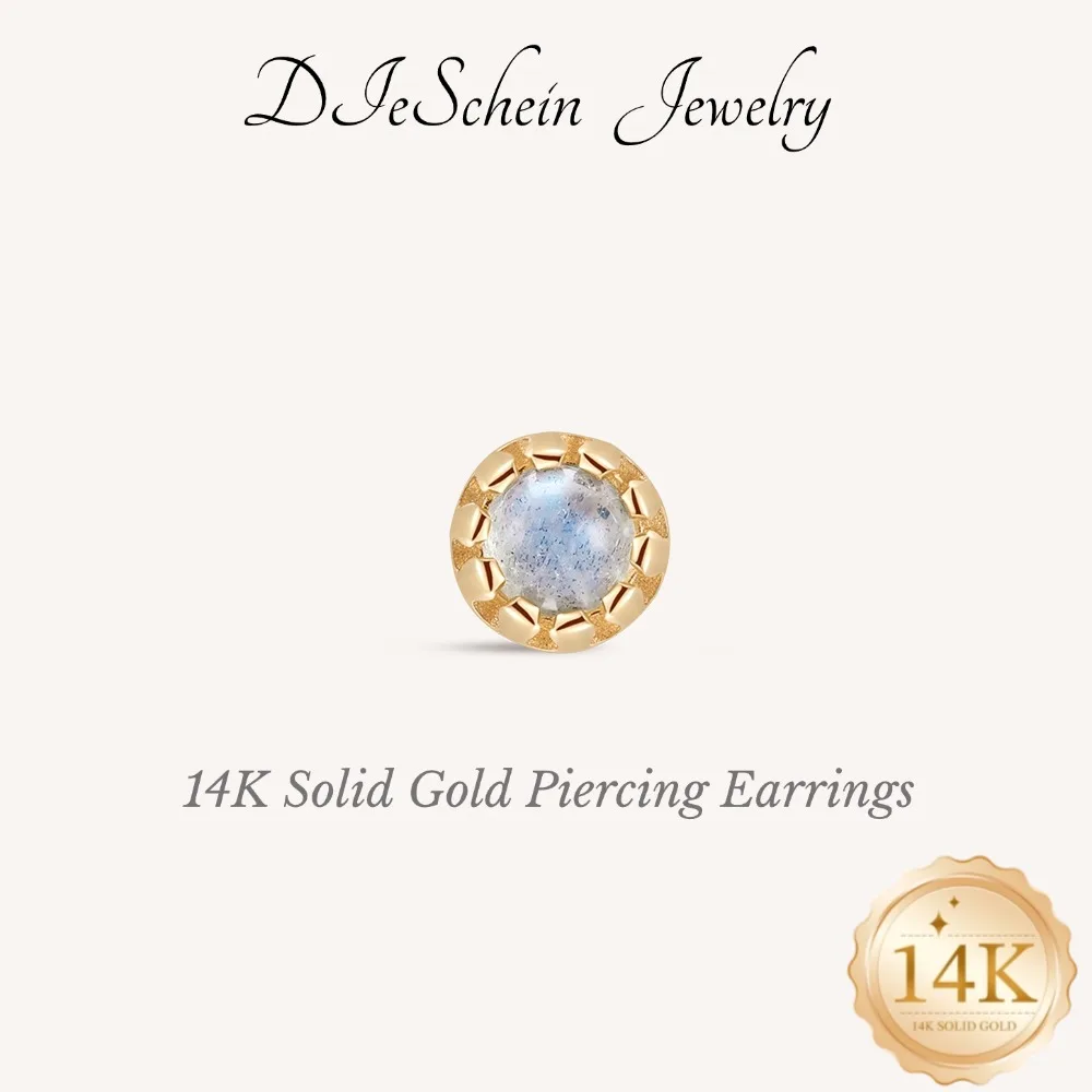 DIeSchein 14K Solid Gold Moss Agate Opal Cartilage Stud Butterfly Star Heart Flat Back Helix Tragus Piercing Earring For Women