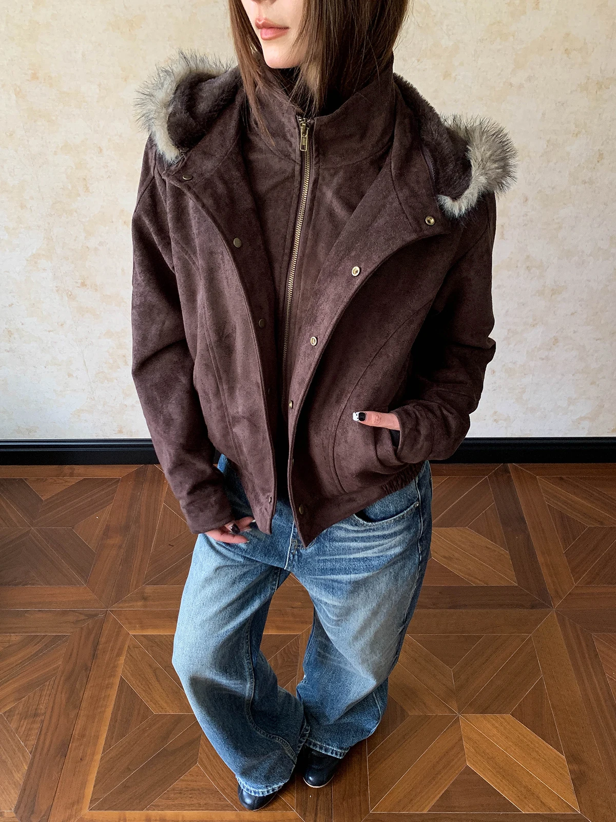 

Aket American Retro Suede Faux Two-Piece Removable Hood Cotton Jaet Ele Outerwear Street Sle Straight Cut Long Sve