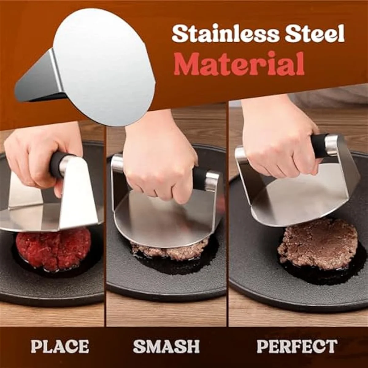 Smash Burger Press,Hamburger Smasher Tool for Griddle, Stainless Steel Ham Patty Press,Grill Press for Smashburger B20 view 3